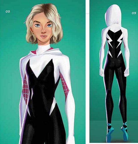 Gwen Stacy Concept Art, Gwen Stacy Suit, Spider Gwen Spiderverse, Gwen Spiderverse, Spiderverse Movie, Spider Oc, Spider Gwen Art, Spider Family, Marvel Spider Gwen