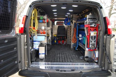 GMC Savanna/Chevy Express Van Shelving and Equipment Mechanic Van Setup, Mobile Detailing Van Setup, Car Wash Tips, Work Truck Organization, Car Interior Detailing, Pressure Washing Business, Van Organization, Car Detailing Interior, Truck Organization