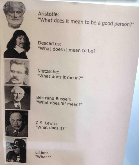 #philosophy #simplified #Aristotle #Descartes #Nietzsche #c.s.lewis #Bertrand Russell #lil Jon History Of Philosophy, Lil Jon, The Last Laugh, Memes Humor, Have A Laugh, What’s Going On, Famous Quotes, Funny Photos, Funny Images