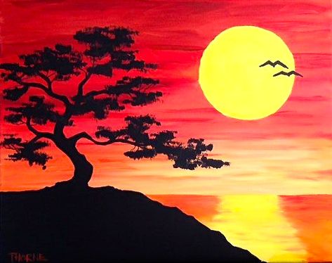 Bonsai Tree Drawing, Bonsai Tree Painting, Sunset Canvas Painting, Drawing Beautiful, Wine And Canvas, Oil Pastel Paintings, Simple Canvas Paintings, Canvas Painting Diy, Tree Drawing