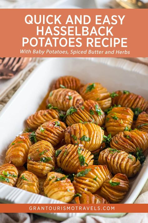 Quick and Easy Hasselback Potatoes Recipe with Baby Potatoes, Spiced Butter and Herbs Cheesy Hassle Back Potatoes, Mini Hassle Back Potatoes, Hassle Back Potatoes, Tiny Potato, Spiced Butter, Hasselback Potatoes, New Potatoes, German Potato Salad, Potato Sides