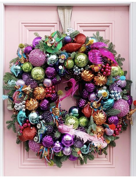 Ornament wreath from Elle Decor Christmas Floral Designs, Bauble Wreath, Colorful Wreath, Artificial Christmas Wreaths, Vintage Wreath, Traditional Christmas Decorations, Christmas Floral Arrangements, Pink Door, Christmas Ornament Wreath