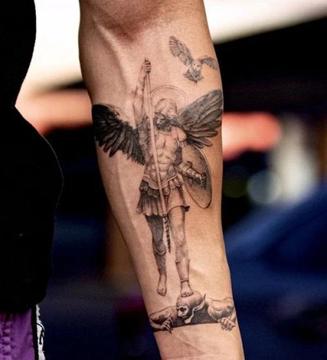 Saint Michael Defeating The Devil forearm tattoo Angel Michael Tattoo, Tattoo Word Fonts, Archangel Michael Tattoo, Tattoo Designs With Meaning, St Michael Tattoo, Saint Tattoo, Michael Tattoo, Memorial Tattoo Ideas, Designs With Meaning