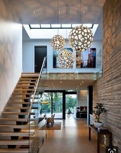 Double volume option ...? درج السلم, Stone Farmhouse, West Vancouver, Unique House Design, Modern Staircase, Unique Houses, Stunning Interiors, Unique Lamps, Staircase Design