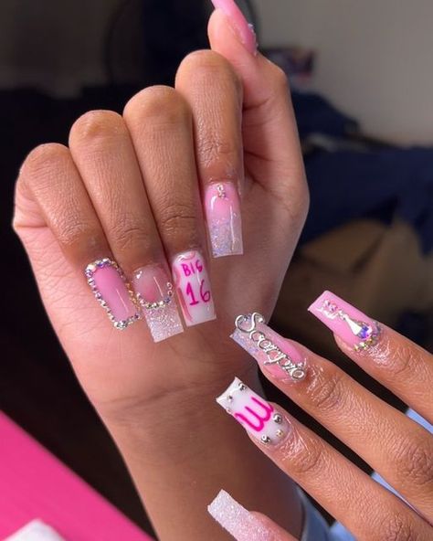 Birthday Nails 17th Birthday, Birthday Nails 16, Birthday Nails Pink, Pink Birthday Nails, Hot Pink Birthday, Acrylic Nail Designs Coffin, Birthday Nail Designs, Birthday Nail, Summery Nails