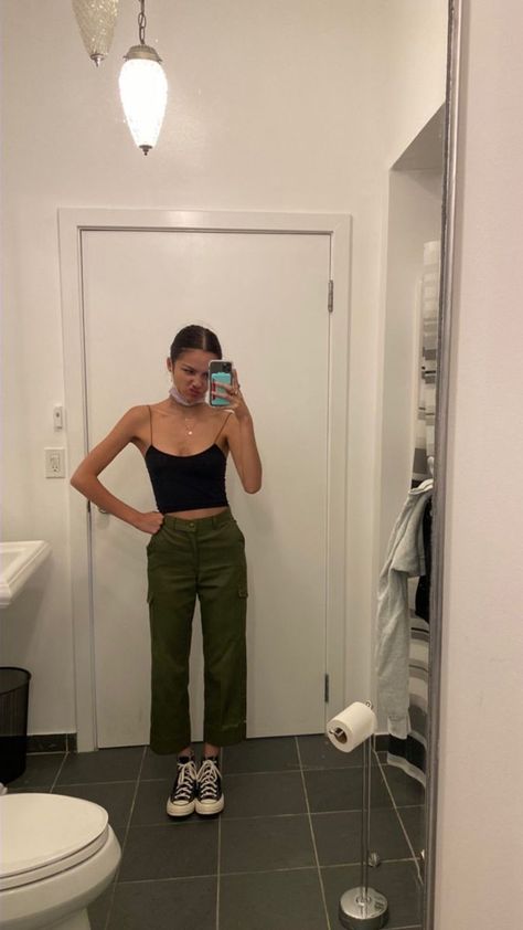 Liv Rodrigo, Fall Outfits Aesthetic, Beaded Crop Top, Movie Aesthetic, Olive Green Pants, Outfit Ideas For Women, Green Pants, Woman Standing, Awesome Things