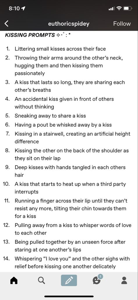 Words For Writing Love Scenes, How To Write Fanfiction Tips, Married Couple Prompts, Describing Kisses Writing, Lips Description Writing, Mlm Writing Prompts, Teasing Prompts Writing, Fictional Kiss Prompts, Spicy Writing Ideas