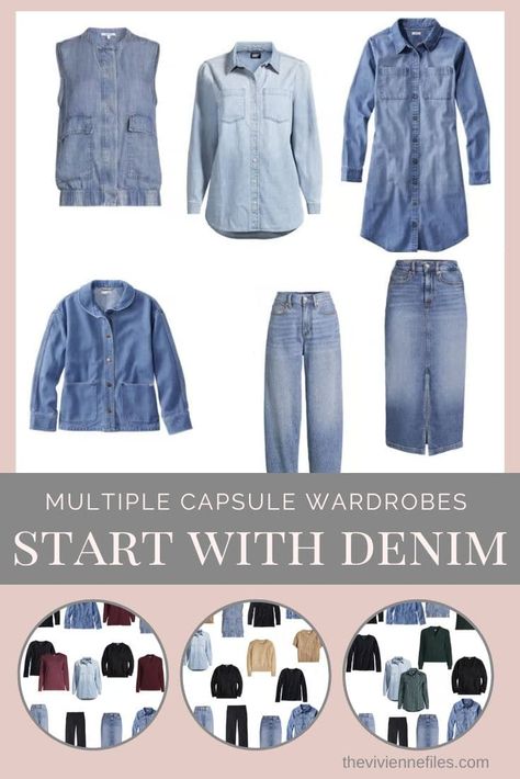 Multiple Capsule Wardrobes Starting with Denim, Built Cluster by Cluster - The Vivienne Files Denim And Beige Outfits, Blue Wardrobe, Realistic Fashion, Style Uniform, Packing Wardrobe, Capsule Wardrobe Women, The Vivienne Files, Vivienne Files, Wardrobe Capsule