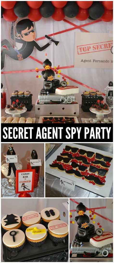 A Secret Agent birthday party for a little boy who wants to by a spy with an awesome backdrop! See more party planning ideas at CatchMyParty.com! Spy Kids Birthday Party Ideas, Secret Agent Party Food, Spy Party Cake, Secret Agent Birthday Cake, Spy Birthday Party Decorations, Secret Agent Cake, Spy Cakes For Kids, Detective Party Food, Spy Birthday Cake