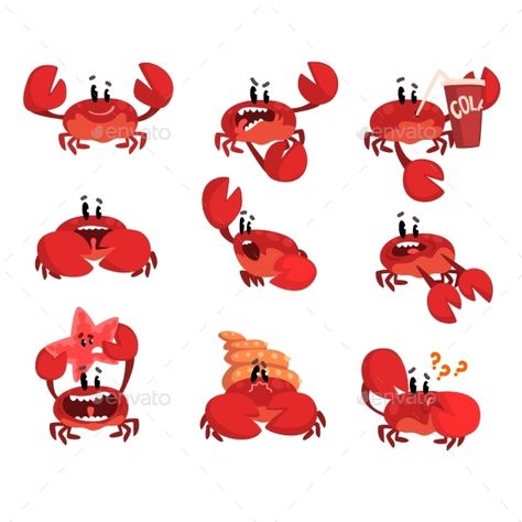 Cute Crab Illustration, Crab Character Design, Crab Character, Character Emotions, Cartoon Crab, Crab Cartoon, Cute Vector Art, Crab Illustration, Crab Design