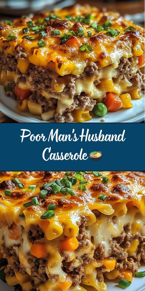 Poor Man's Husband Casserole is a budget-friendly, comforting casserole made with layers of ground beef, pasta, creamy tomato sauce, and melted cheese. This hearty dish is easy to prepare and perfect for family dinners, combining simple ingredients into a filling, delicious meal that everyone will love! Simple Dinner Recipes Hamburger Meat, Yummy Meals With Ground Beef, Crockpot Beef Casserole Recipes, Poor Man’s Husbands Casserole, Poor Man's Husband's Casserole, Poor Man's Meal Recipe, Healthy Cheap Casserole Recipes, Hot Dishes Recipes, Poor Man's Casserole Recipes Easy