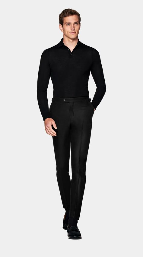 Black Long Sleeve Polo Shirt | Pure Merino Wool | Suitsupply Online Store Black Polo Outfit, Long Sleeve Polo Outfit, Polo Shirt Outfits, Mens Business Casual Outfits, Polo Outfit, Polo Long Sleeve, Black Polo, Business Casual Men, Long Sleeve Polo Shirt