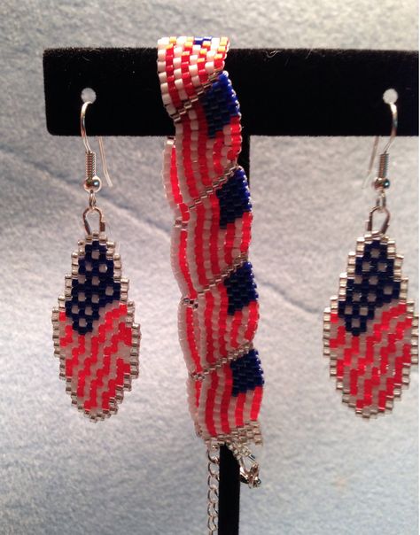 American Flag Bracelet and Earrings Affordable Handmade Patriotic Beaded Earrings, Handmade Patriotic Beaded Earrings, Beaded Flag Bracelet, Flag Beaded Earrings, Patriotic Blue Beaded Earrings, American Flag Bracelet, Beaded Eagle, Flag Bracelet, Patriotic Earrings