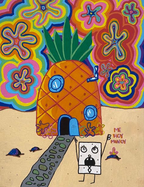 Easy Psychadelic Art Painting, Trippy Wall Art Ideas Easy, Trippy Spongebob Art, Trippy Drippy Art, Trippy Painting Ideas Easy, Easy Trippy Paintings, Trippy Cartoon Painting Ideas, Trippy Spongebob, Spongebob Doodlebob