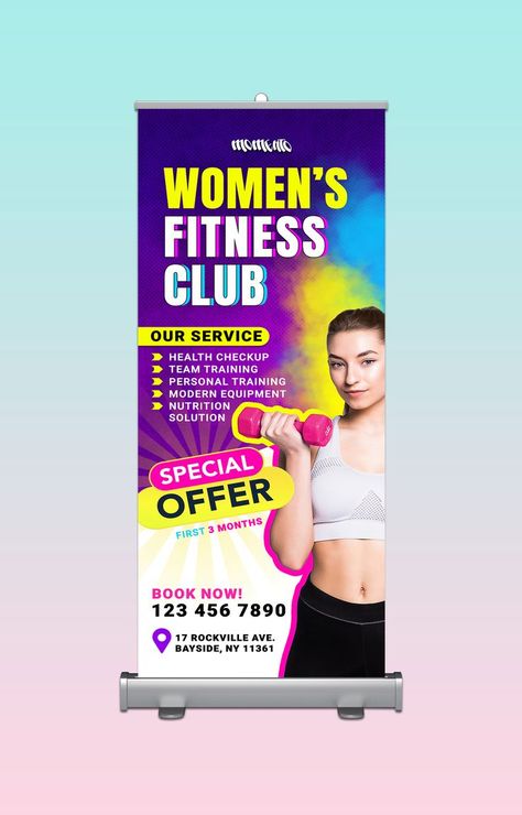 Women's fitness club roll up banner design. This is a modern roll up banner which is designed by mahfuz97. Poster Moodboard, Flags Design, Roll Up Banner Design, Rollup Banner Design, Dance Workshop, Rollup Banner, Roll Up Banner, Retractable Banner, Team Training