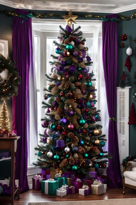 Jewel Christmas Decorations, Purple Green Christmas Tree, Red And Purple Christmas Tree, Purple And Red Christmas Tree, Whimsigoth Christmas Tree, Purple And Green Christmas Tree, Jewel Toned Christmas Tree, Jewel Tone Christmas Decor, Masculine Christmas Tree