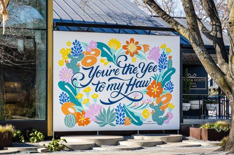 Wedding Mural, Art Mural Ideas, Aesthetic Mural, Earth Day Video, Yoga Cafe, Cool Murals, Blue Mural, Austin Murals, Cone Dessert