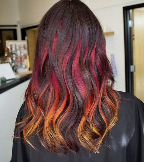 Purple Red Orange Ombre Hair, Fire Hair Highlights, Flame Dyed Hair, Hidden Sunset Hair, Fire Peekaboo Hair, Sunset Hair Underneath, Sunset Highlights Hair, Flame Underdye Hair, Desert Sunset Balayage Hair