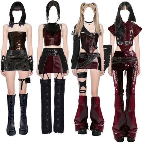 4 Member Stage Outfits, Kpop Stage Outfits 4 Members, Aespa Inspired Outfit, K Pop Outfit Ideas, Blackpink Inspired Outfits, K Pop Outfits, 4 Member Girl Group, Black Hair With Bangs, Ideas For Black Hair