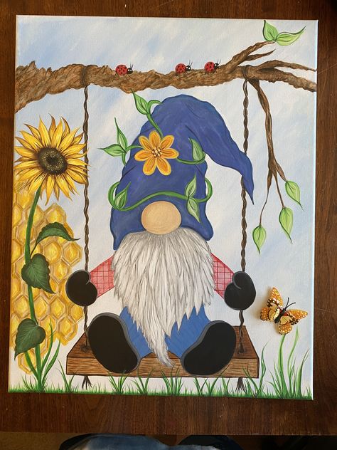 Cute Gnome Paintings, Painted Gnomes On Canvas, Gnome Acrylic Painting, Painting Ideas On Canvas Gnomes, Flower Gnome Painting, Spring Gnome Painting Canvas, Gnome Paint, Christmas Paintings On Canvas, Bird Boxes