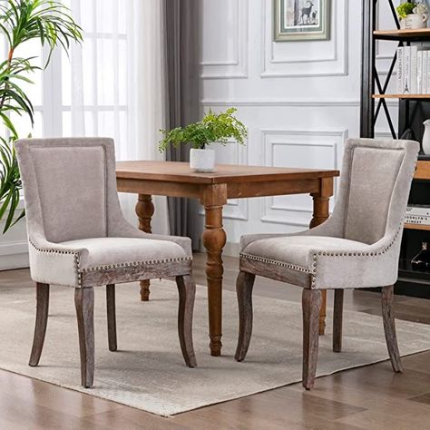 Set of 2 Solid Wood Fabric Upholstered Dining Chair Soft Comfortable Thicken Padded Kitchen Room Chairs Industrial Rustic Wingback Accent Chairs with Nailhead Trim. (Beige) Fabric Chairs, Dining Room Accents, Chaise Vintage, Parsons Chairs, Chaise Design, Upholstered Side Chair, Wood Dining Chairs, Fabric Dining Chairs, Nail Head