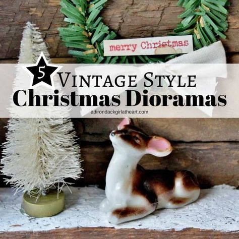 Diarama Ideas Dioramas Vintage Christmas, Vintage Christmas Diorama, Christmas Diorama Ideas, Dioramas Ideas, Christmas Dioramas, Diy Diorama, Small Glass Containers, Vintage Recipe Box, Christmas Miniatures