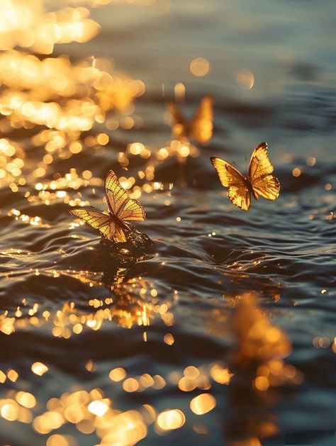 Golden Photography Aesthetic, Golden Butterfly Aesthetic, Gold Butterfly Aesthetic, Golden Light Aesthetic, Yellow Butterfly Aesthetic, Butterfly Sunset, Golden Butterfly, Water Aesthetic, Image Nature