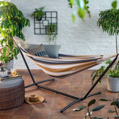 Island Bay Brown/Black Stripe 9 ft. Single Hammock with Metal Stand | Hayneedle Affordable Outdoor Furniture, Indoor Hammock, Portable Hammock, Hammock Accessories, Double Hammock, Hammock Stand, Balcony Furniture, Metal Stand, Garden Patio Furniture