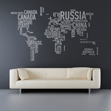 i want to do a travel wall that has license plates from everywhere we have been with a vinyl saying above it that says "Oh the places you'll go" this would be way cute to place the license plates on! World Map Wall Decal, Map Wall Decal, Word Map, Interior Minimalista, Country Names, Living Modern, World Map Wall, Design Hotel, Wall Maps