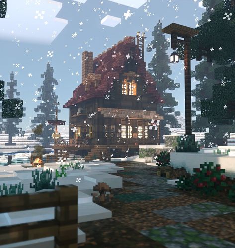 Minecraft Winter House Aesthetic, Cute Snowy Minecraft Houses, Minecraft Stage Design, Tundra Minecraft House, Minecraft Snow Cottage, Christmas House Minecraft, Winter Home Minecraft, Snow Minecraft Builds, Snow Village Minecraft