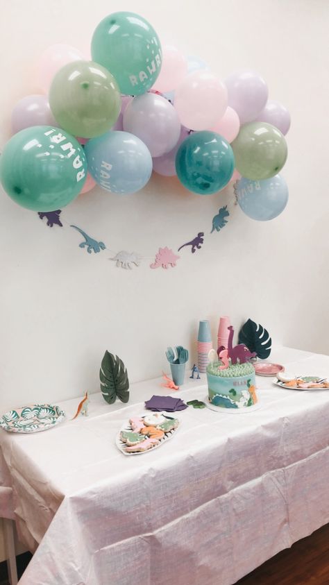 Mermaid And Dinosaur Birthday Party, Mermaid Dinosaur Party, Purple Dinosaur Party, Girly Dinosaur Party Decorations, Girly Dinosaur Party, Dinasour Birthday, Girly Dinosaur, Combined Birthday Parties, Girls 3rd Birthday