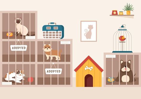 Animal Shelter Cartoon Illustration with Pets Sitting in Cages and Volunteers Feeding Animals for Adopting in Flat Hand Drawn Style Design Pet Cafe, Animal Shelter Illustration, Pet Shelter, Animal Shelter Wall Murals, Dog Shelter, Shelter Drawing, Animal Shelter Design, Feeding Animals, Animal Infographic