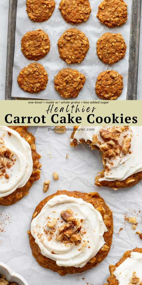 These Carrot Cake Cookies are deliciously soft + full of those classic carrot cake flavors I know you came looking for. Made with whole wheat flour, rolled oats, and less added sugar than traditional cookie recipes, these cookies are topped with optional (but highly recommended) cream cheese frosting for a little added yum. Inspired my beloved Carrot Cake Bread recipe, these cookies are a delight sweet treat that will become a regular in your home. Cookies With Vegetables, Carrot Cake Cookies Healthy, Carrot Cake Bread Recipe, Healthier Carrot Cake, Health Cookies, Carrot Cake Bread, Natural Nurturer, Healthy Bakes, Classic Carrot Cake