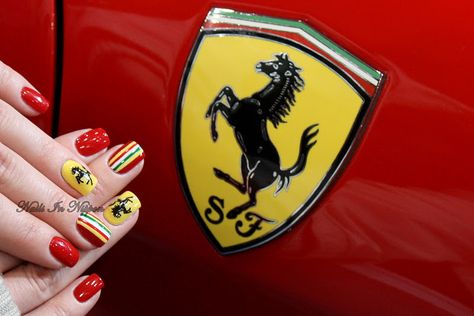 Ferrari Nails Ferrari Nail Design, Ferrari Nail Art, F1 Nails Designs Ferrari, Red Nails Toes, F1 Inspired Nails, Formula One Nails, Formula 1 Nail Art, Formula 1 Nails, Ferrari Nails