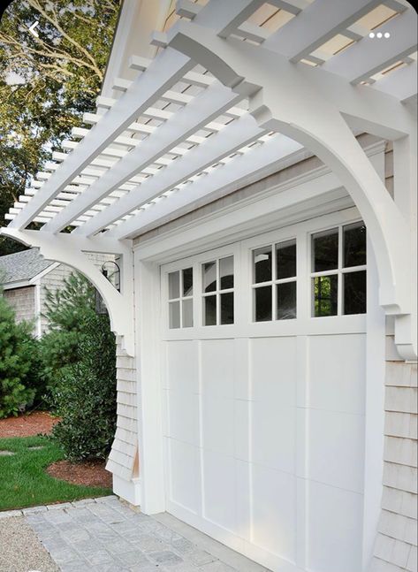 Garage In Backyard Driveways, Garage Gazebo Ideas, Garage Door With Pergola, Arbor Garage Door, Garage Door White House, Farmhouse Garage Door Ideas, Garage Pergola Ideas, Pergola Above Garage Door, Trellis Over Garage Door