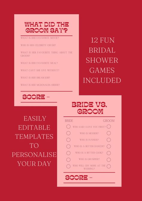 This template includes twelve editable games sure to impress the bride-to-be and get the party started! GAMES INCLUDED - 1- Would she rather 2- Around the world 3- Bride vs. Groom 4- What did the groom say? 5- How old was she? 6- Put a ring on it 7- Name that song 8- Date Night Idea 9- Marriage Advice 10- Guess the dress 11- Vow Mad Libs 12- Whose Memory? Vow Mad Libs, Kitchen Tea Games, Tea Games, Guess The Dress, Games Template, Would She Rather, Say Love You, Mad Libs, Love Yourself First