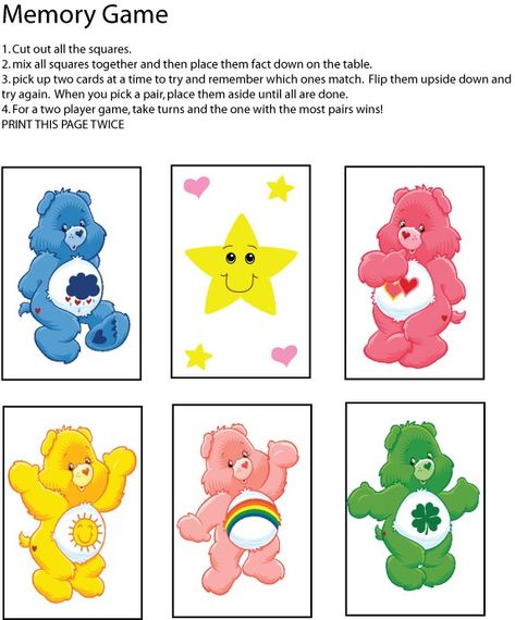 Care Bear Memory Game Care Bear Printables, Bears Coloring Pages, Baby Shower Oso, Care Bears Birthday Party, Care Bear Party, Mobile Craft, Care Bear Birthday, Star Coloring Pages, Pumpkin Coloring Pages