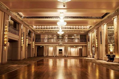 The Ballroom and Silver Gallery at the Sheraton Grand London Park Lane located in London, UK. The architects Higgs and Hill were famous for many innovative buildings of the modern movement and here even the ballroom floor was conceived by a scientific process. The glamorous hotel became one the most popular in London within a year of opening in 1927. On entering the gallery walls are covered with Italian silver leaf, with handpainted Art Moderne murals either side of chrome double balustrades, Ballroom Floor, Nyc Engagement Shoot, Ballroom Aesthetic, Scientific Process, Hollywood Tower Hotel, Dreamscape Architecture, Dream House Aesthetic, Hotel Ballroom, Nyc Engagement