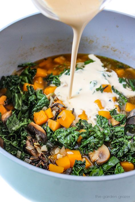 Creamy Butternut Squash and Wild Rice Soup (Vegan!) - The Garden Grazer Gluten Free Wild Rice, Butternut Squash And Wild Rice, Rice And Butternut Squash, Rice Soup Vegan, Garden Grazer, Creamy Butternut Squash, Soup Vegan, Vegan Soup Recipes, Wild Rice Soup