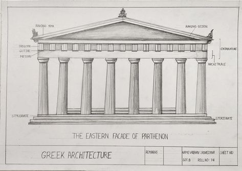 Greek Sketches Easy, Ancient Greek Architecture Drawing, Parthenon Drawing, Greek Architecture Drawing, Ancient Greek Buildings, Greek Buildings, Cool Sketch Ideas, Conceptual Model, Construction Details Architecture