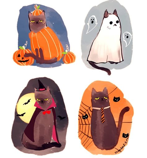 Halloween Cats Cat Doodles, Halloween Cats, Cat Doodle, Halloween Ii, Halloween Illustration, Halloween Inspiration, Cute Animal Drawings, Halloween Cards, Halloween Cat