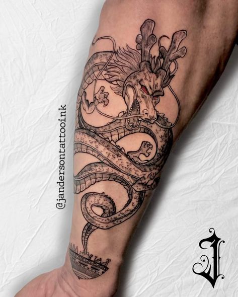 Tattoo shenlong Dbz Shenron Tattoo, Shenron Tattoo Design, Shenlong Tattoo, Dragon Ball Tattoo Ideas, Dragon Ball Z Tattoos, Shenron Tattoo, Dragon Tattoo Forearm, Dragon Ball Z Tattoo, Shen Long Tattoo