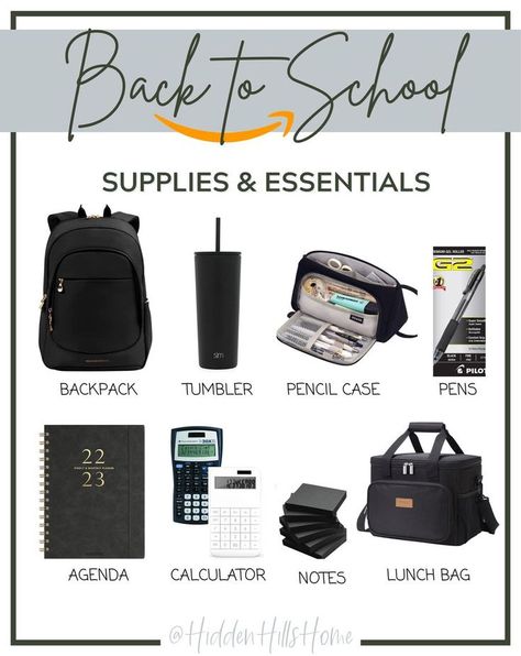 School Equipment List, Black School Supplies Aesthetic, School Supplies Aesthetic Black, Back To School Supplies Highschool, Black School Supplies, School Supplies Black, College Backpack Essentials, Bts Clothes, School Shopping List