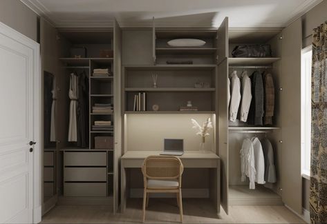 Walk In Wardrobe Office Space, Walk In Wardrobe And Office, Room With Wardrobe, Home Office Wardrobe, Fitted Sliding Wardrobes, Small Bedroom Wardrobe, Dark Wood Desk, Desk Wardrobe, Bedroom Built Ins