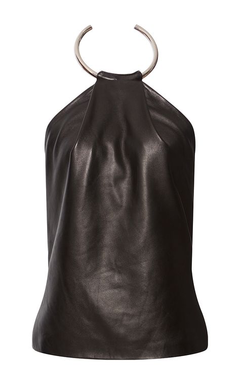 Mugler Fashion, Leather Halter Top, Tie Halter Top, Leather Blouse, Female Celebrity Fashion, Leather Halter, Open Back Top, Thierry Mugler, Halter Neck Top