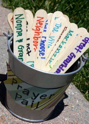 Prayer Pail- Have the kids pick a stick out of the pail to pray for at dinner prayers.  This seems like a great way to teach little ones to consider others in their prayers. Personal Prayer, Church Crafts, Sunday School Ideas, Vacation Bible School, Youth Ministry, Sunday School Crafts, Girls School, Bible Crafts, Childrens Church