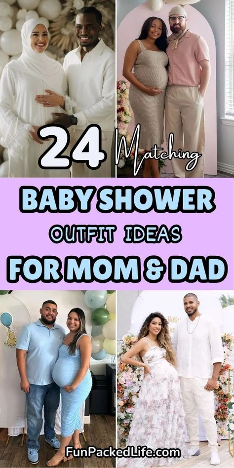 Image showcases four matching baby shower outfit ideas for mom and dad-to-be. The text reads "24 Matching Baby Shower Outfit Ideas for Mom and Dad." Styles include coordinated white attire with a modest dress, neutral-toned casual outfits, pastel blue dresses with polo shirts, and floral-inspired themes. The overall design emphasizes elegance and harmony, perfect for celebrating the special occasion in style. Baby Shower Couple Outfits, Plus Size Baby Shower Outfit, Gender Reveal Outfits For Mom, Baby Boy Shower Outfit For Mom, Outfit Baby Shower Mama, Baby Shower Outfits For Mom Winter, Baby Shower Outfit Ideas For Mom, Casual Baby Shower Outfit, Gender Reveal Outfit For Mom