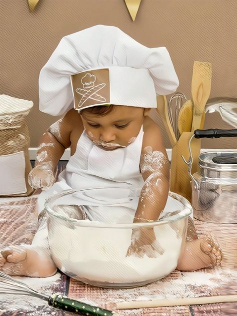 White  Collar   Colorblock  Embellished Non-Stretch  Baby Boys Clothing Baby Cooking Photoshoot, Baby Chef Photoshoot Photo Ideas, Baby 11 Months Photography, 7 Months Baby Photoshoot Boy, Baby Baking Photoshoot, Baby Chef Photo, 7 Months Baby Photoshoot, Infant Photoshoot, Newborn Photography Outfits