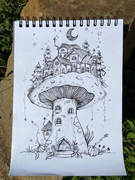 Unique Small Drawings, Cool Plant Drawings, Creative Things To Draw Sketches, Mashrooms Drawing Aesthetic, Earthy Drawings, Full Page Drawings, White Drawing, Unique Drawings, Mushroom House