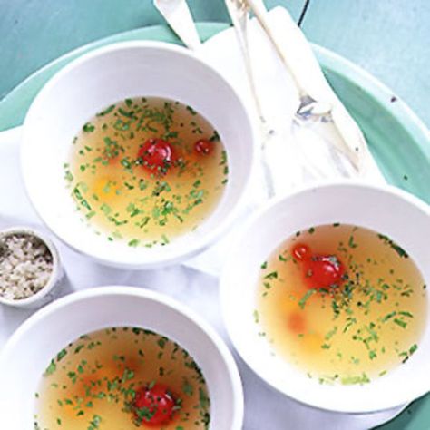 Chilled Tomato Consommé Recipe | SAVEUR Tomato Consomme, Consomme Recipe, Chilled Soup Recipes, Vacation Recipes, Tomato Water, Saveur Recipes, Cold Soup Recipes, Cold Soups, Bday Dinner